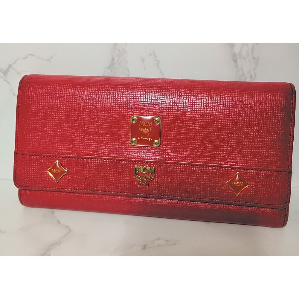 MCM Princess Red Pebbled Leather Long Trifold Wallet